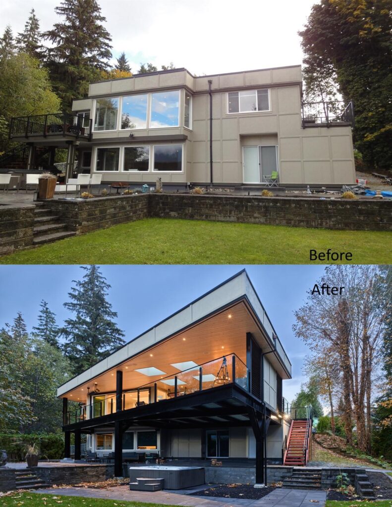 Home Additions The striking transformation showcases a before-and-after comparison: initially, a square, beige two-story house; afterward, a modern marvel with a second-floor balcony, sleek black and wood finishes, and enhanced landscaping.