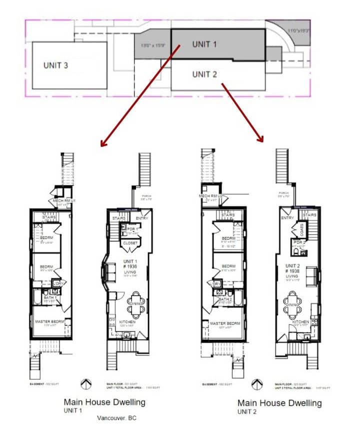 Building plans showing the conversion of a single home to three units.