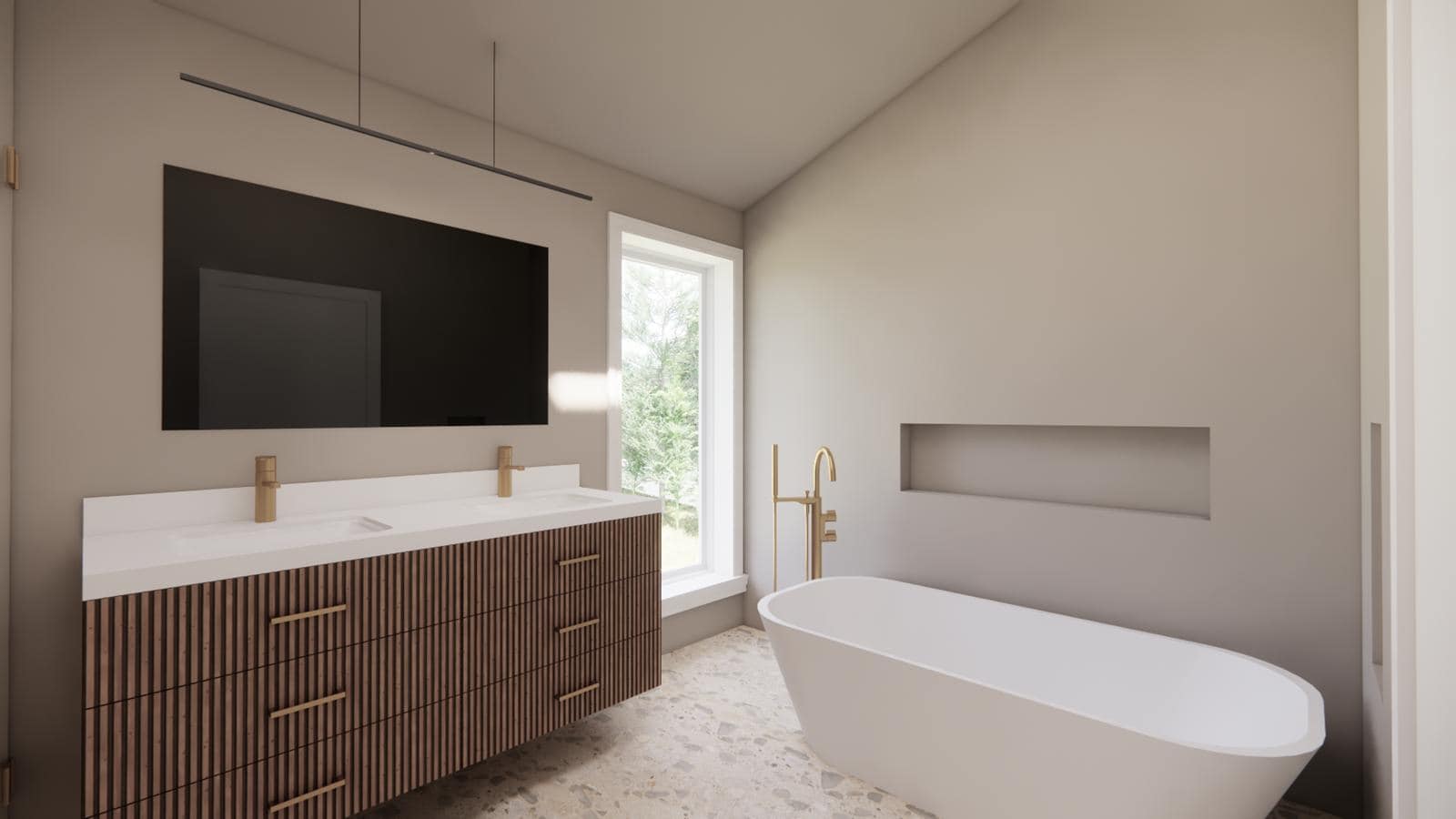 Modern Zen Living meets West Vancouver in this bathroom with a double-sink vanity featuring wood slats and gold fixtures, a large black-framed mirror, a white freestanding tub, gold floor-mounted faucet, and natural light streaming through the window.