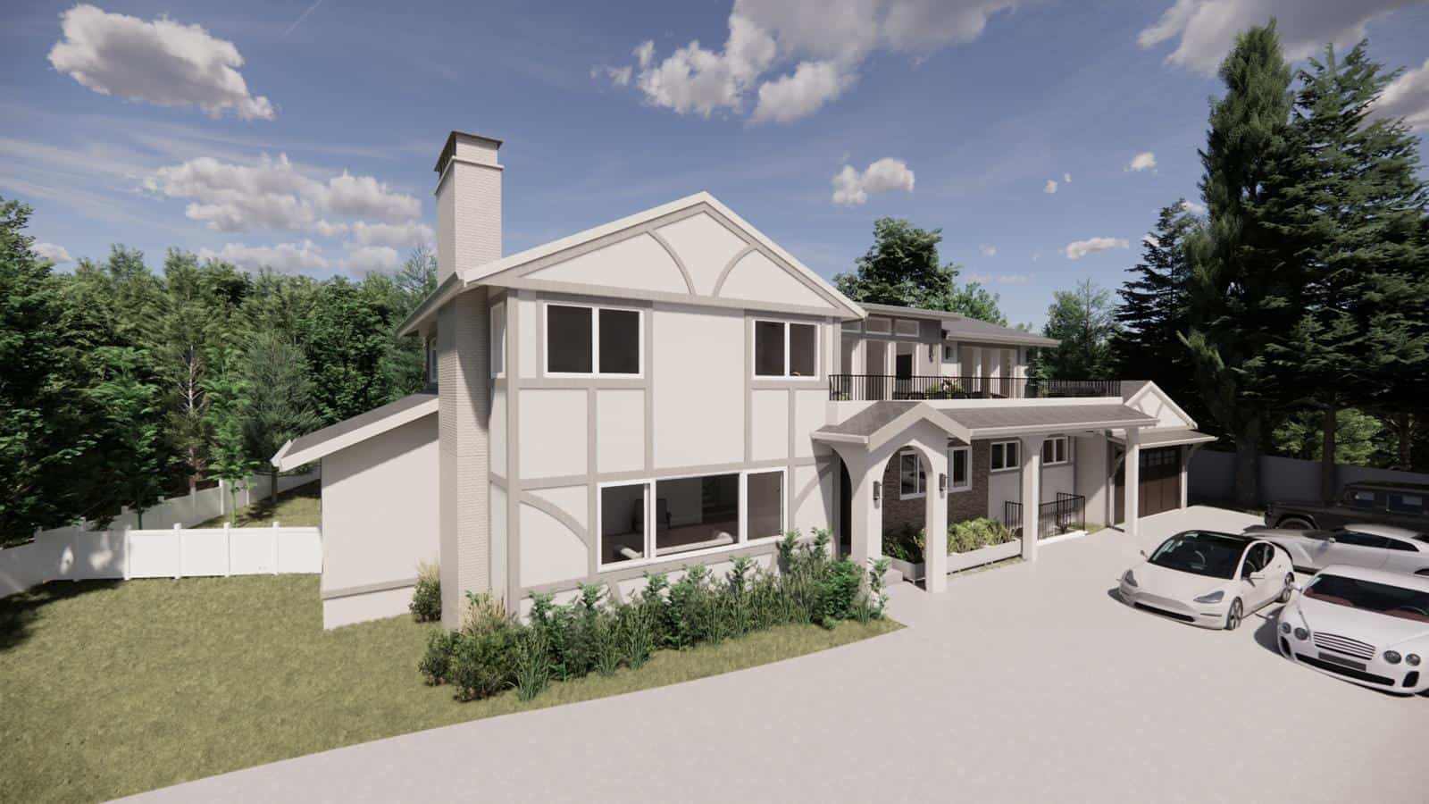 A two-story modern house with large windows, a white exterior, and gray trim embodies Modern Zen Living in West Vancouver. Surrounded by greenery, several cars are parked in the driveway beneath a partly cloudy sky.