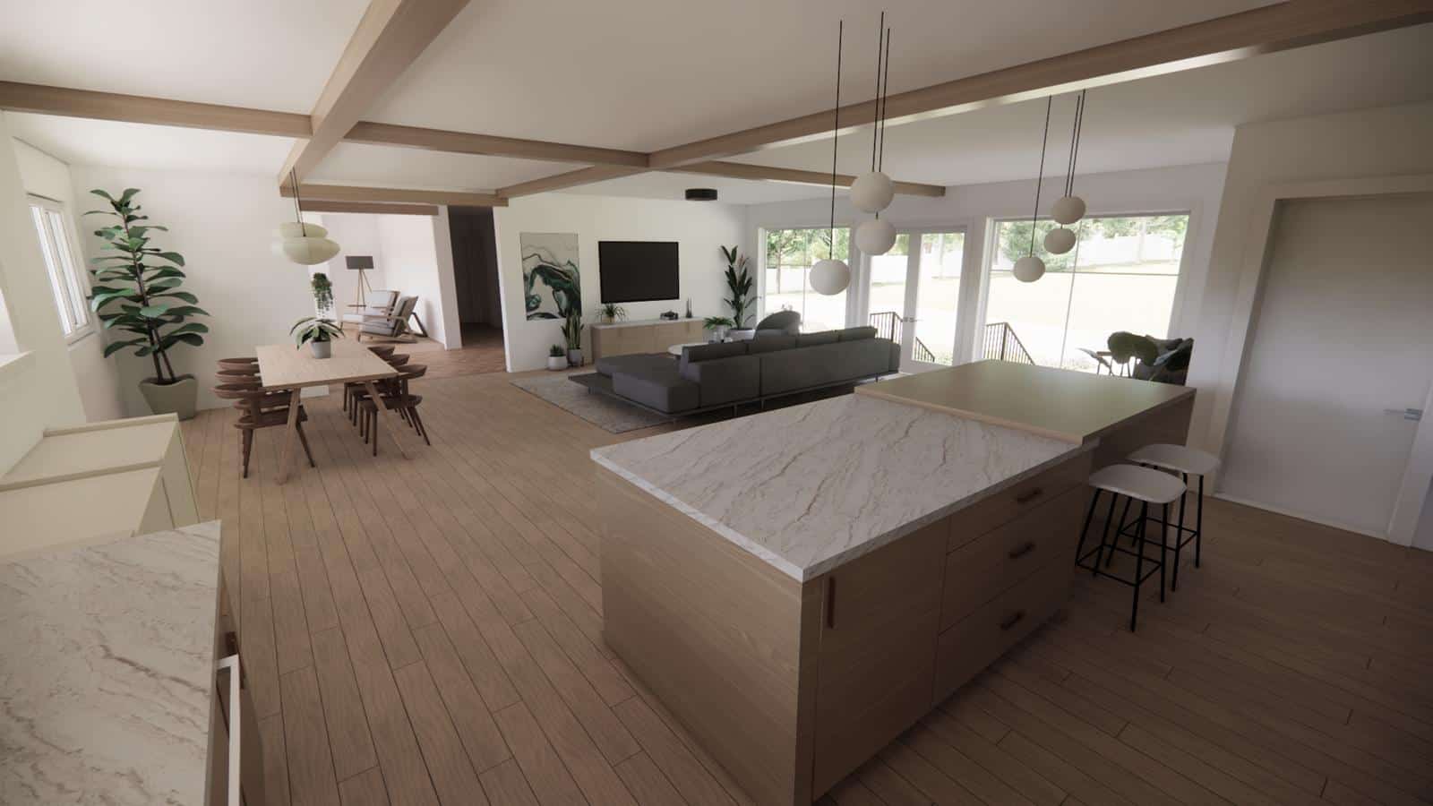 Modern Zen living defines this open-concept West Vancouver space, featuring a kitchen island, dining table, gray sofa, TV, and large windows. Light wood floors and green plants create a cozy, airy feel in this reimagined 80s home.