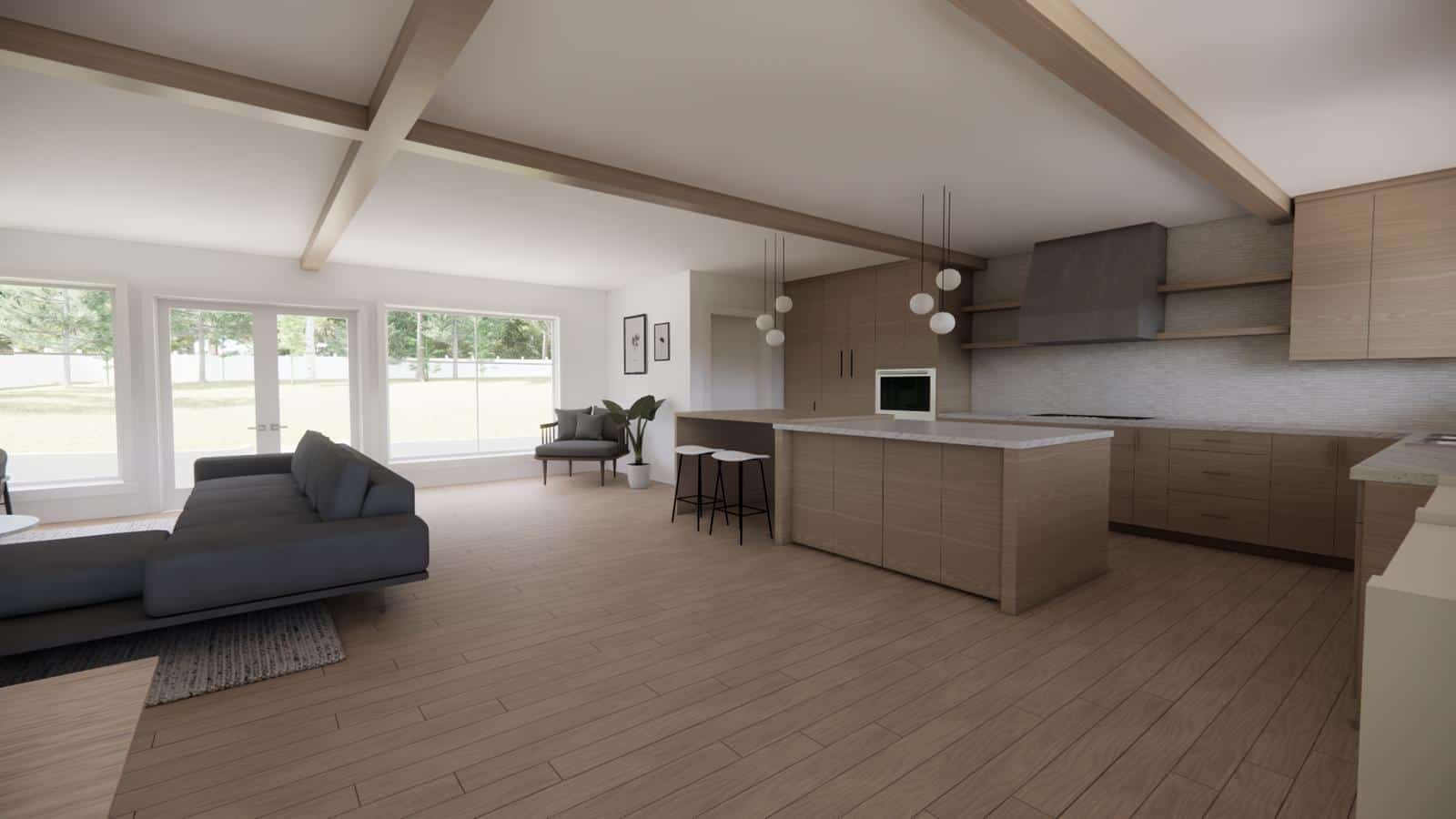 Modern Zen living in West Vancouver: open-concept kitchen and living room with wood floors, light wood cabinets, a gray sectional sofa, large windows, and exposed ceiling beams. Island with stools and pendant lights in the center.