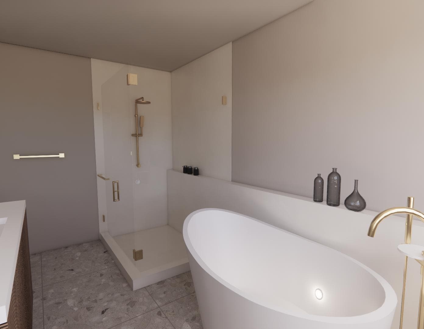 Modern Zen Living inspires this bathroom in a West Vancouver ’80s Home, featuring a white freestanding bathtub, gold fixtures, glass shower enclosure, light walls, decorative bottles, and gray patterned floor tiles.