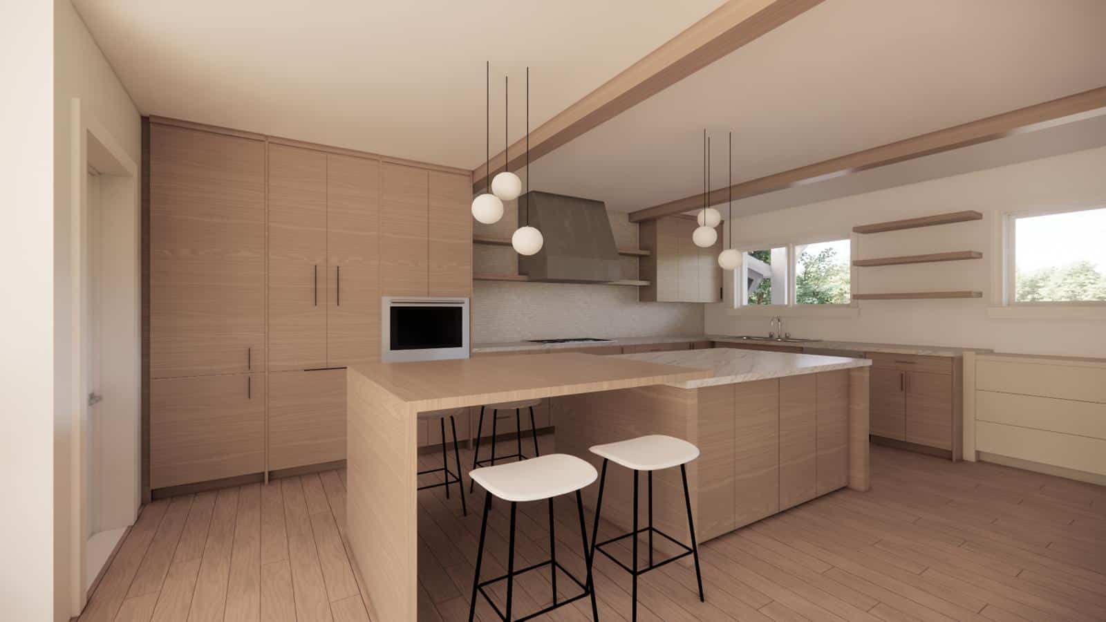 Modern Zen Living in West Vancouver: This kitchen features light wood cabinets and flooring, a large island with white barstools, pendant lights, built-in oven, open shelves, and windows inviting in natural light.