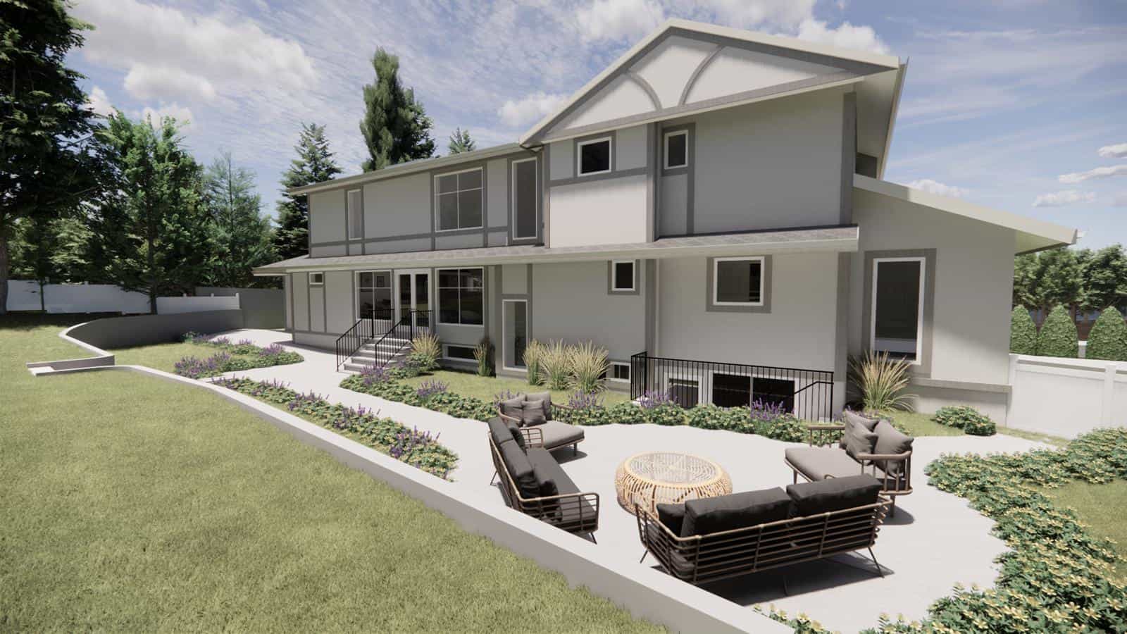 A modern two-story house in West Vancouver with a gray and white exterior, large windows, and a landscaped backyard featuring patio seating, a fire pit, and garden beds along a curved retaining wall for Modern Zen Living.