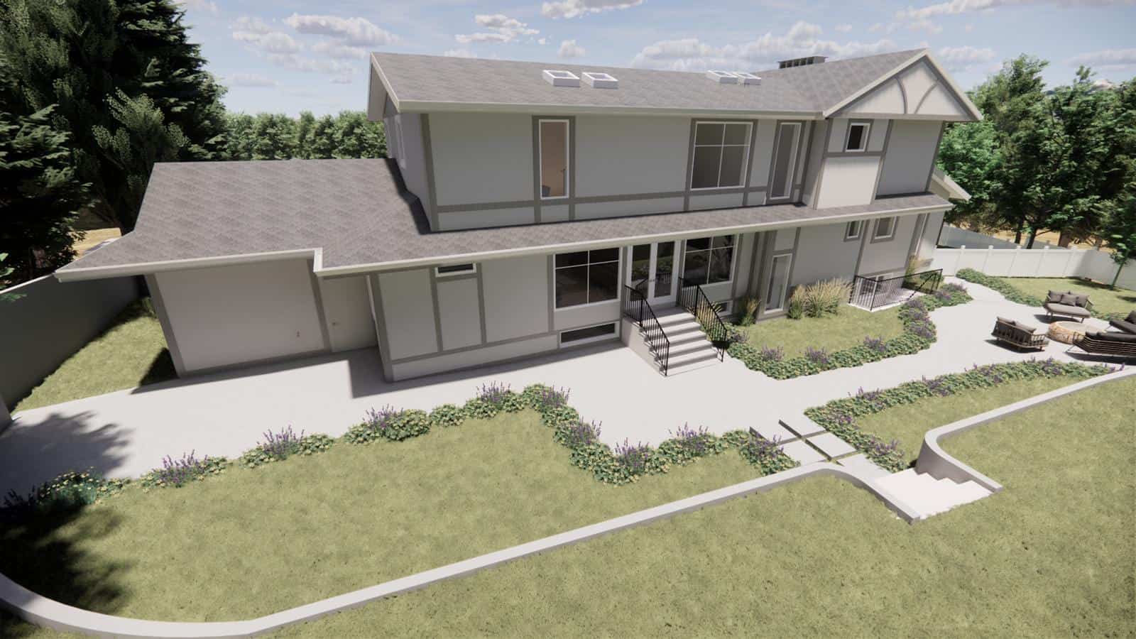 A modern two-story house in West Vancouver with large windows, gray trim, and a spacious backyard patio. Landscaped garden beds line the patio, with steps to a grassy yard. The property offers Modern Zen living, surrounded by trees and a white fence.