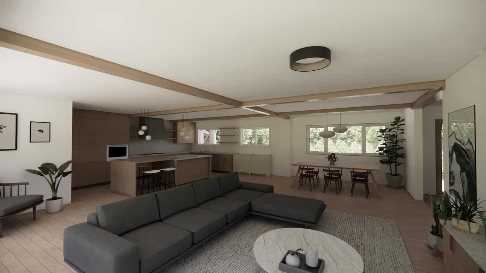 Experience Modern Zen living in this open-concept West Vancouver home, featuring a dark gray sectional sofa, round coffee table, wooden dining table, large windows, neutral decor, lush plants, and curated artwork.