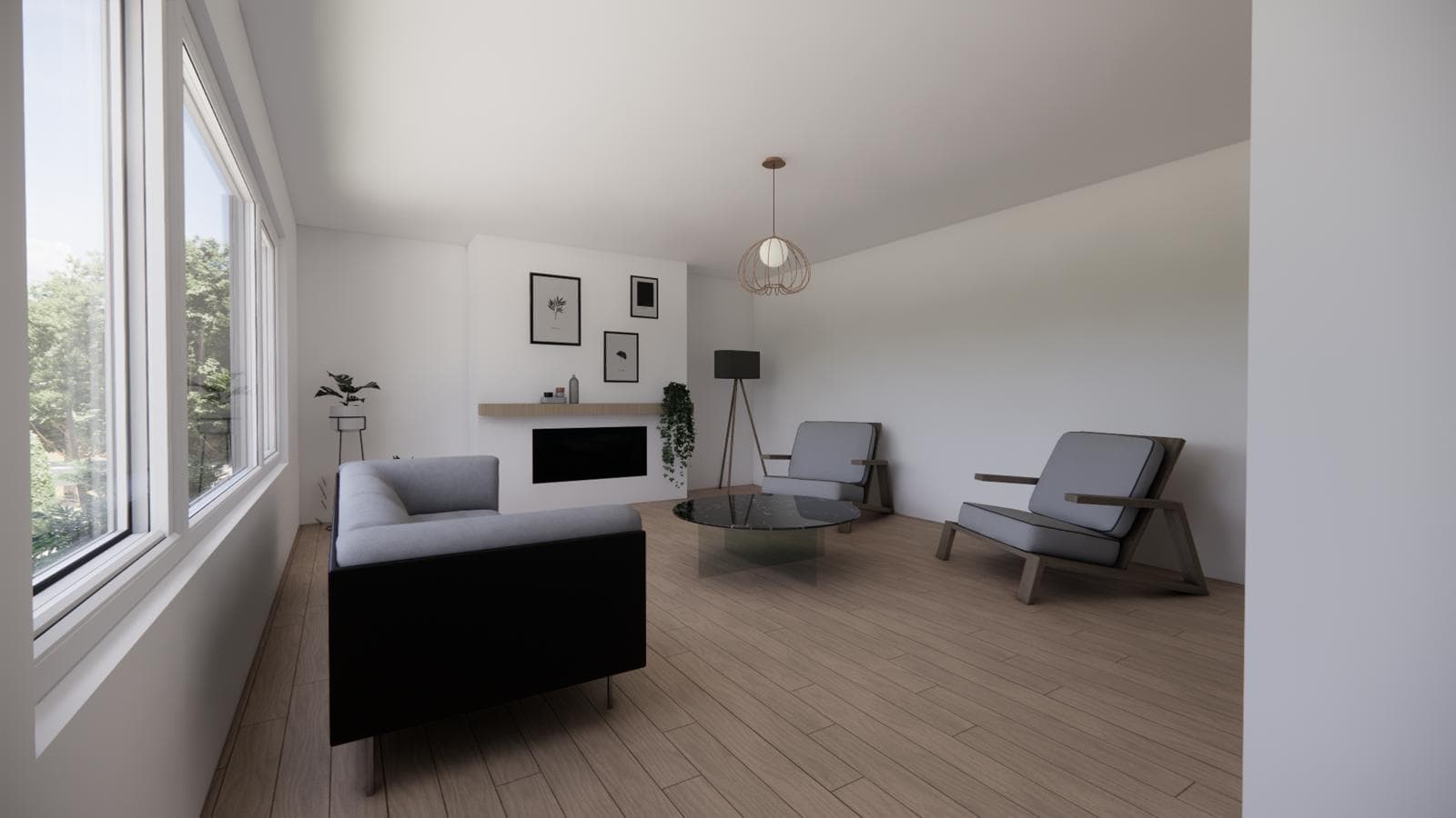 Minimalist West Vancouver living room with large windows, light wood floors, a black sofa, two modern armchairs, a round glass coffee table, a standing lamp, small wall art, and a potted plant on a shelf by the fireplace for Modern Zen living.